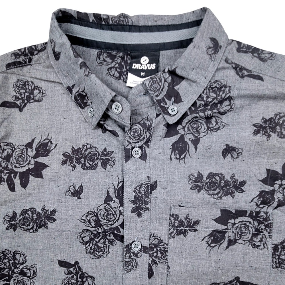 Dravus Mens Grey Black Rose Floral Short Sleeve Button Down Shirt Size M NEW